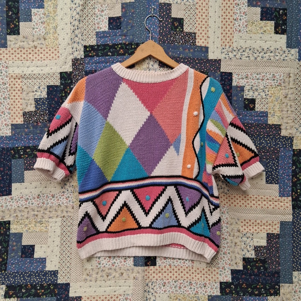 Vintage Melbourne Elements Sweater Large Colorful Diamond Kawaii Kidcore Retro